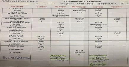 Programmazione allenamenti & partite : 11 settembre